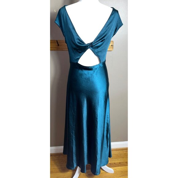 Teal Satin Dress Cap Sleeve Cowl Midi Maxi Formal Party Occasion Glam Womens L - Picture 2 of 13